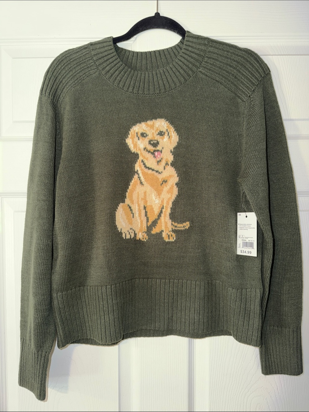 Kohl's Olive Green Crewneck Sweater with Golden Dog Intarsia